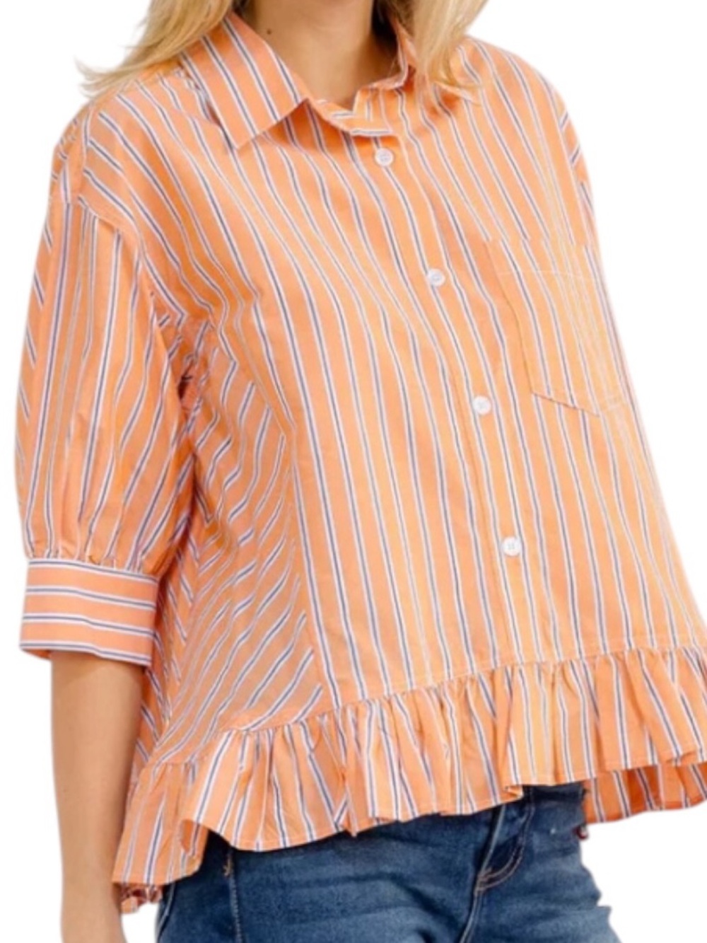 Cotton Striped Ruffle Button Down in a Peachy Orange